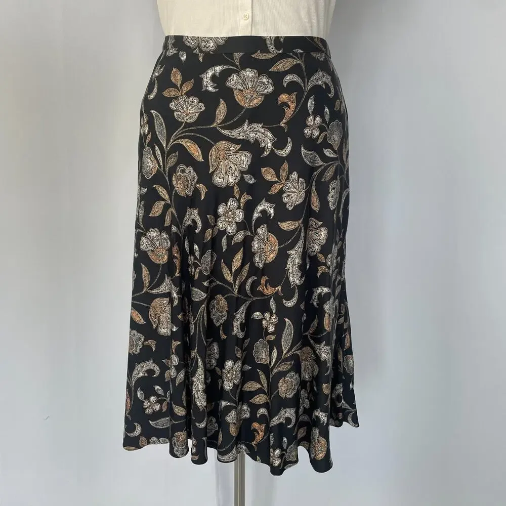 J Jill A Line Skirt Size Large Black Tan Floral Minimal Long Midi Boho Spring
